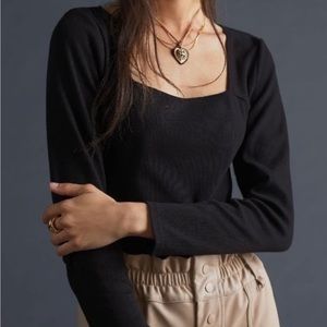 Anthropologie T.La Black Square Neck Ribbed Top